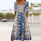Women's boho printed square neck short sleeve midi dress in multicolor pattern
