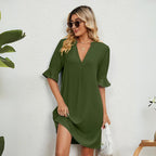 Women V-Neck Knee Length Dress with Ruffle Detail in Black Blue White Green