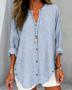 Women loose fit long sleeve striped button-up blouse with V-neck