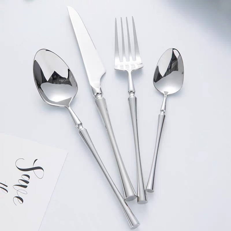 24-piece stainless steel cutlery set with polished finish, dishwasher safe