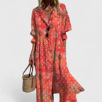 Women's boho dress in bold colors, floral midi style for all occasions