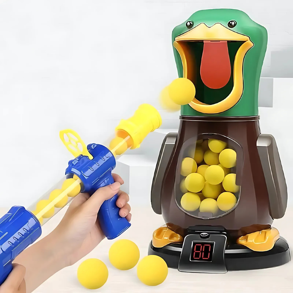 Kids air powered soft bullet shooting game with walking light up duck target set