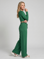 Women 2 piece long sleeve crew neck crop top wide leg pants set