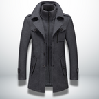 Men double breasted overcoat mid-length with zip-in bib and notch lapel