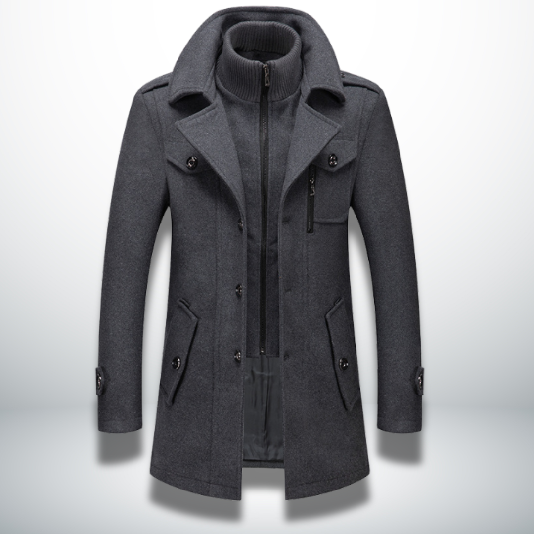 Men double breasted overcoat mid-length with zip-in bib and notch lapel