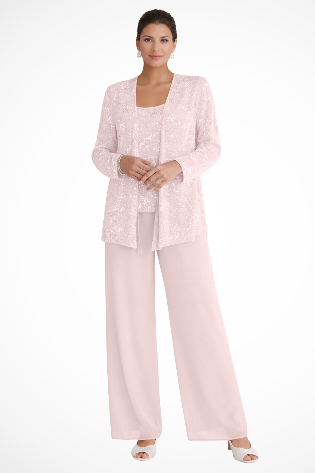 Women's evening three-piece set with wide-leg trousers and open-front jacket, XS–2XL