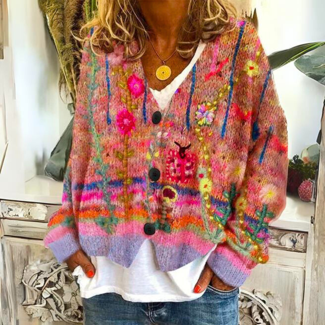 Women's boho cardigan multicolor floral embroidery oversized knit