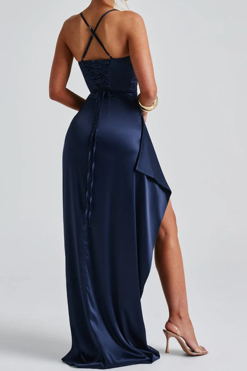 Women's navy blue ruched satin maxi dress with spaghetti straps and high side slit