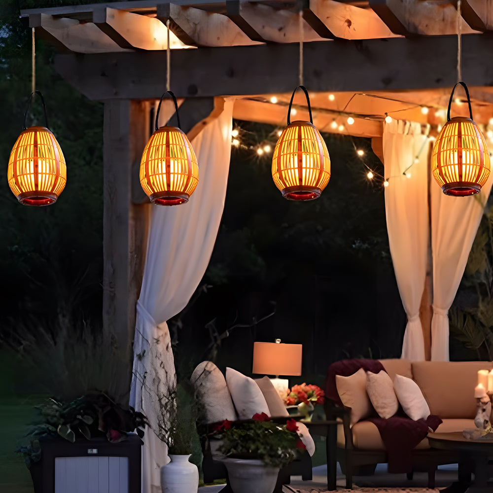 Solar lantern outdoor portable waterproof warm white LED wood-look bamboo design