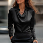Women satin blouse draped neckline long sleeve, polished silhouette