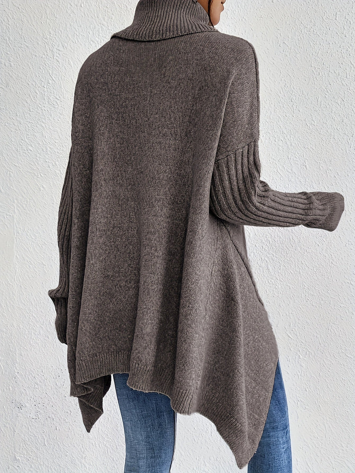 Women knit sweater high neck asymmetric hem relaxed fit