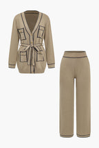 Women 2 piece knit cardigan wide leg pants set with gold buttons and waist belt