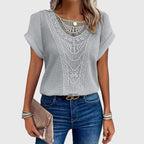 Women's openwork blouse short sleeve round neck loose fit, decorative perforated knit