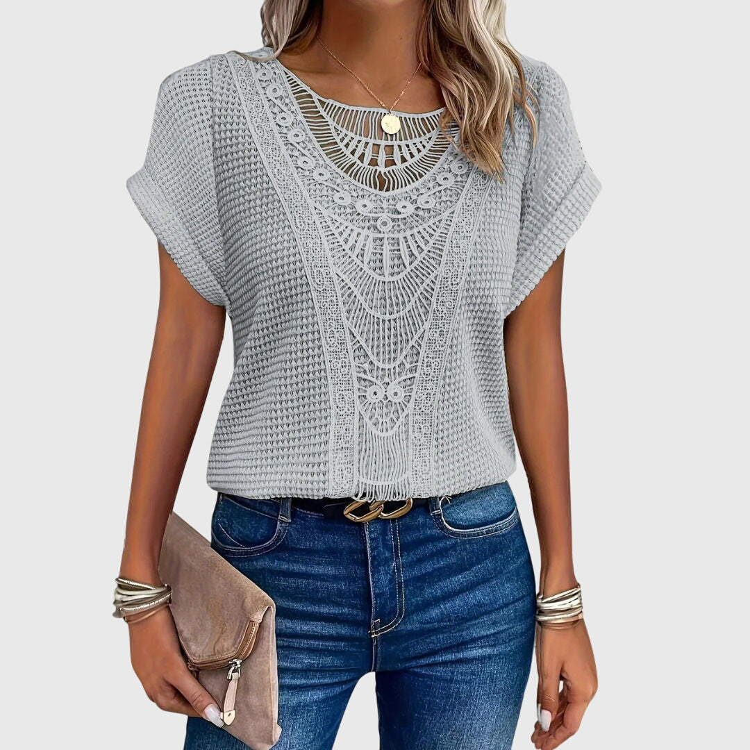 Women's openwork blouse short sleeve round neck loose fit, decorative perforated knit
