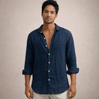Men's linen shirt casual breathable long sleeve open collar