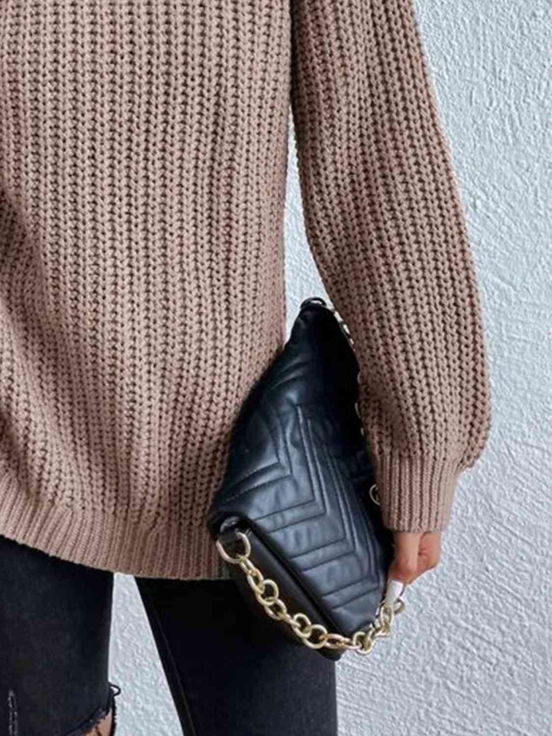 Women ribbed knit turtleneck sweater with side slit hem, autumn winter
