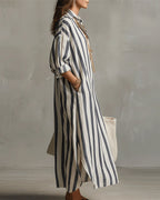 Women's striped maxi dress in blue with lapel collar, casual spring summer style