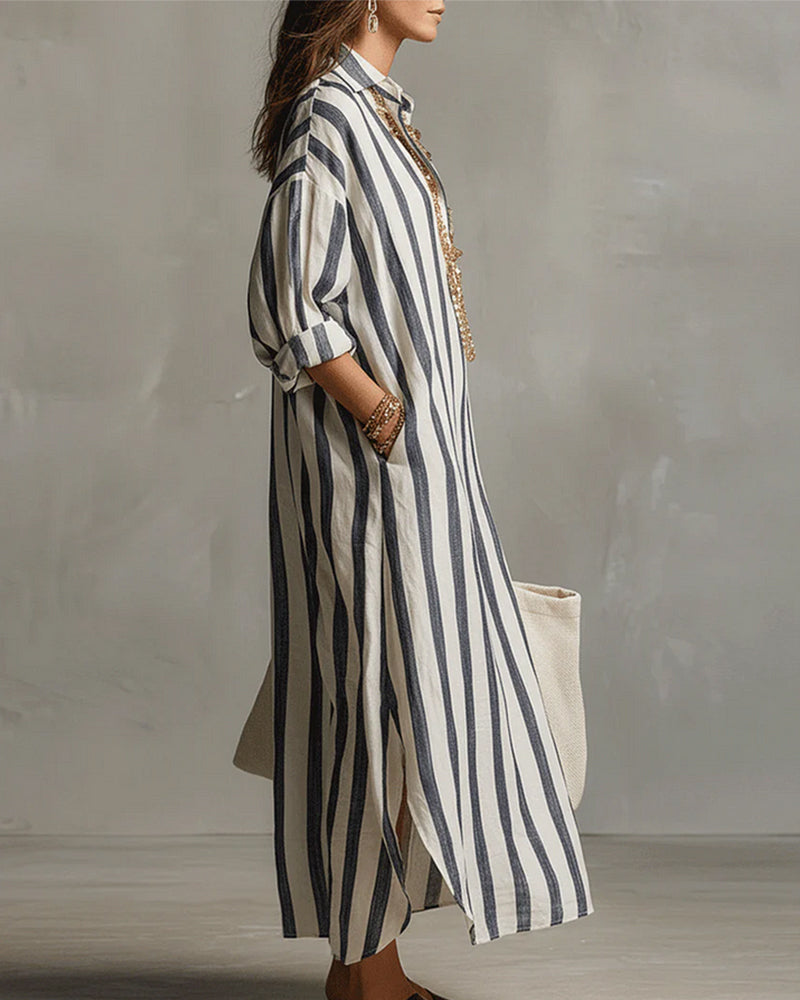 Women's striped maxi dress in blue with lapel collar, casual spring summer style