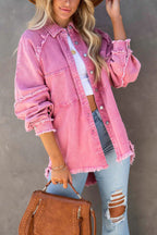 Women oversized denim jacket with fringe detail and button-front closure