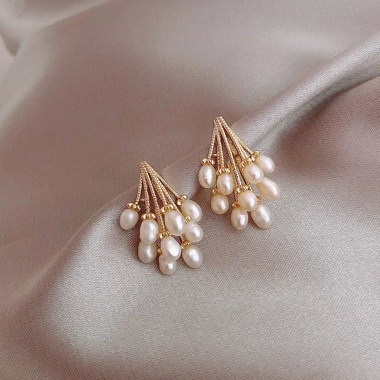 Pearl tassel earrings 18K gold plated sterling silver, hypoallergenic women's jewelry