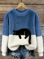 Women knit jumper colour block with black cat motif relaxed fit
