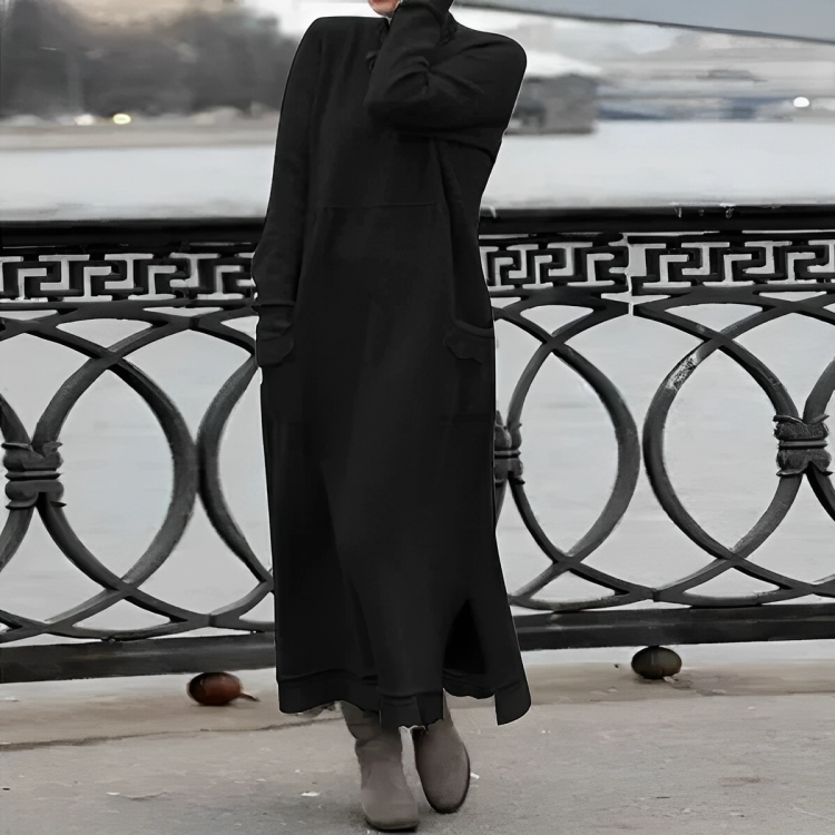 Women's winter knit midi dress with pockets and side slit, available in multiple colours
