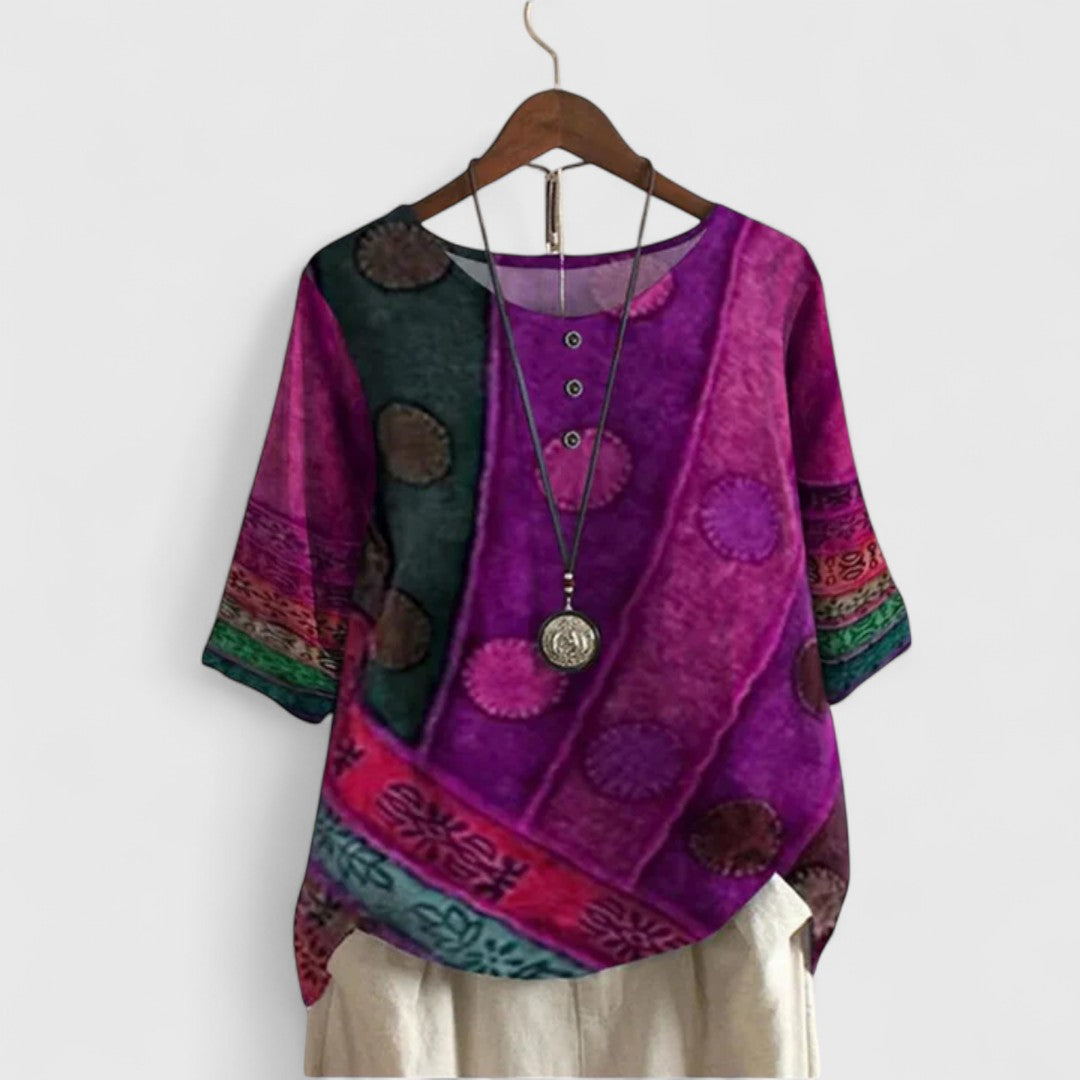 Women boho patchwork print top relaxed fit with decorative buttons