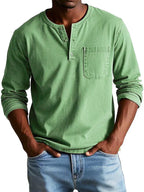 Men's long sleeve henley shirt, casual relaxed fit, available in multiple colors