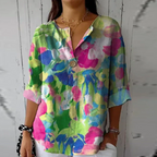 Women's floral blouse V-neck short sleeve relaxed fit summer top