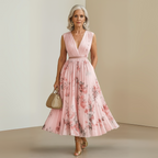 Women flowy pleated midi dress in beige, lightweight casual summer style