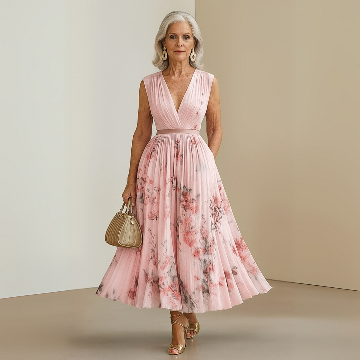 Women flowy pleated midi dress in beige, lightweight casual summer style