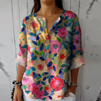 Women floral button down blouse 3/4 sleeve relaxed fit