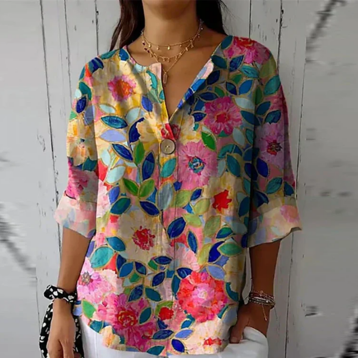 Women floral button down blouse 3/4 sleeve relaxed fit