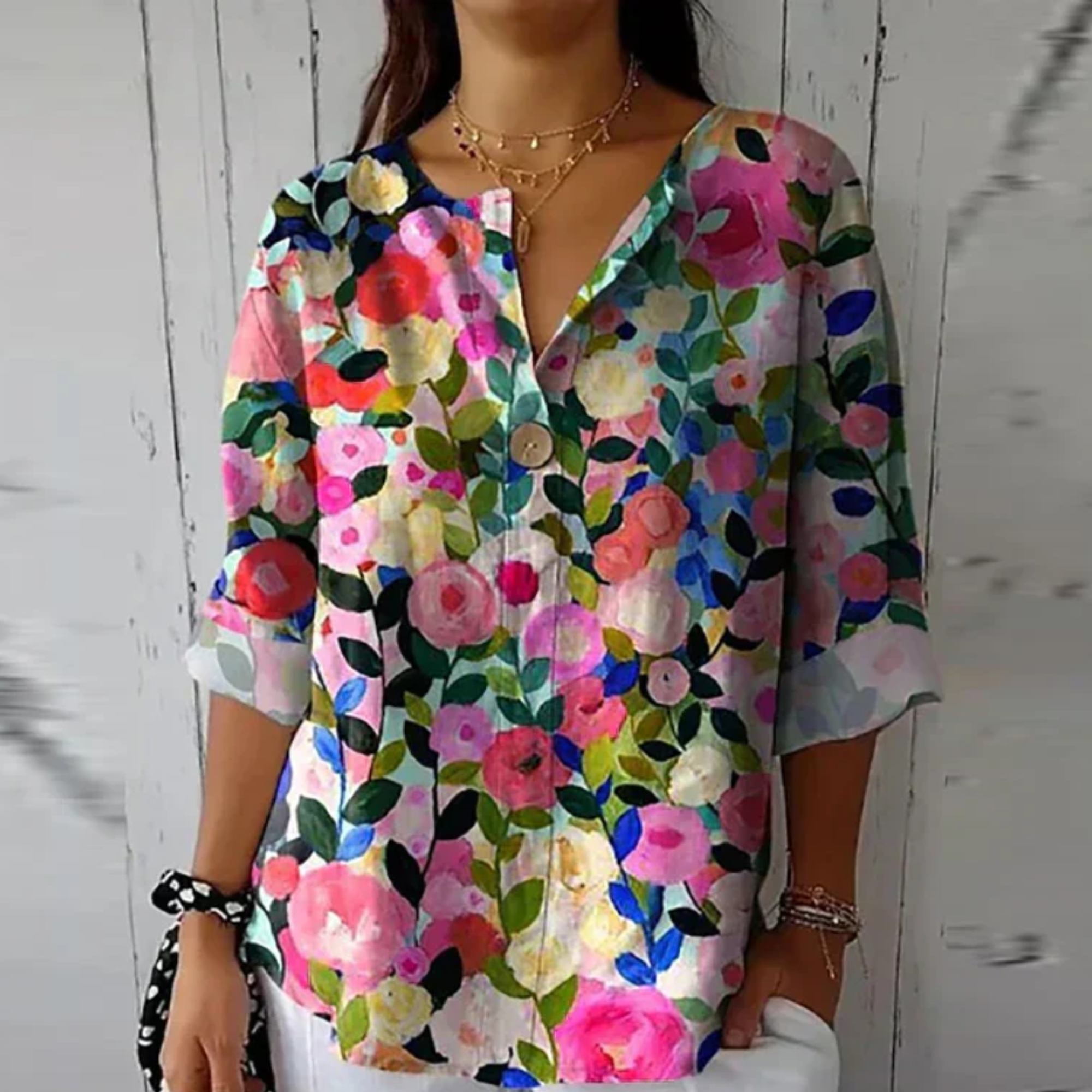 Women floral button down blouse 3/4 sleeve relaxed fit