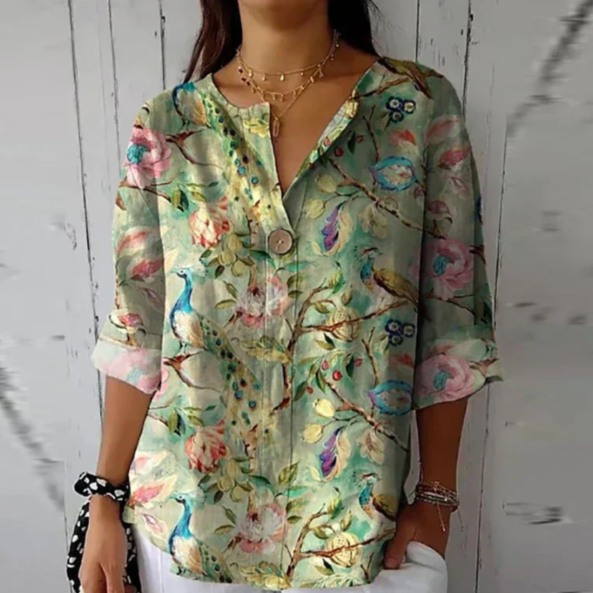 Women floral button down blouse 3/4 sleeve relaxed fit