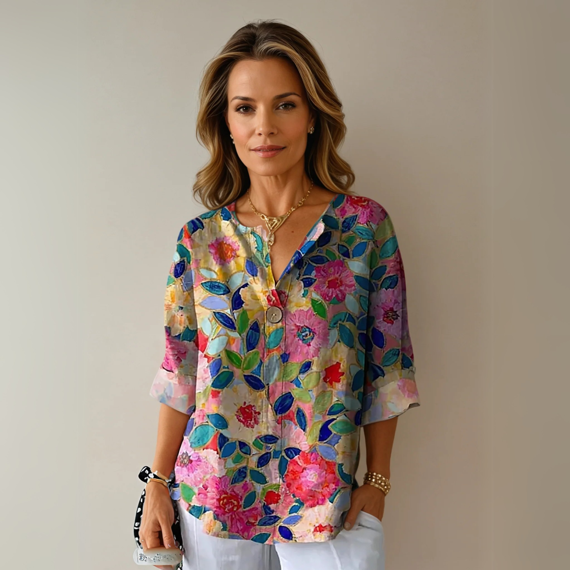 Women floral button down blouse 3/4 sleeve relaxed fit