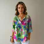 Women floral button down blouse 3/4 sleeve relaxed fit