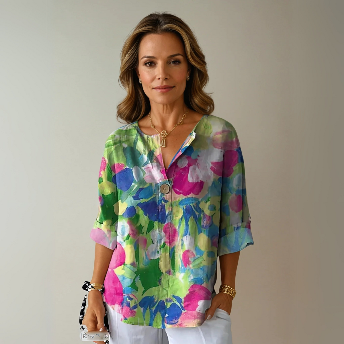 Women floral button down blouse 3/4 sleeve relaxed fit