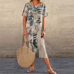 Women's short sleeve midi dress, loose fit mid-calf length casual summer dress