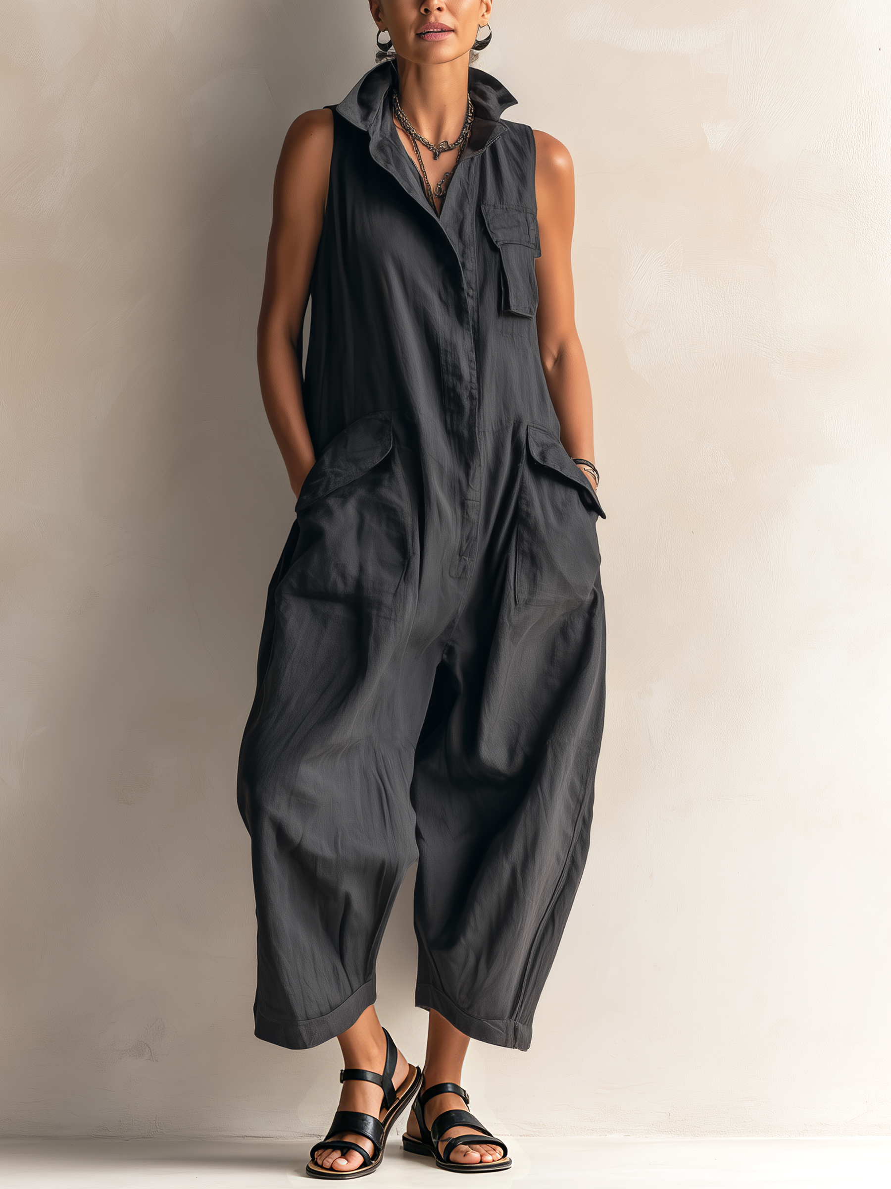 Women wide leg jumpsuit button down collar with pockets in black khaki olive