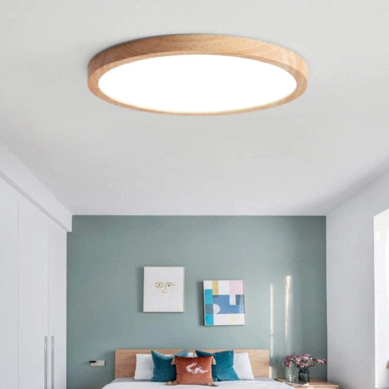 LED ceiling light dimmable tri-color minimalist wood accent, 23cm to 50cm