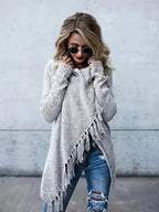 Women fringe collar tunic knit sweater relaxed longline fit cold weather