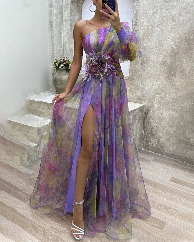 Evening maxi dress one-shoulder with floral appliqué and high leg slit