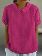 Women short sleeve blouse with open collar in soft woven fabric
