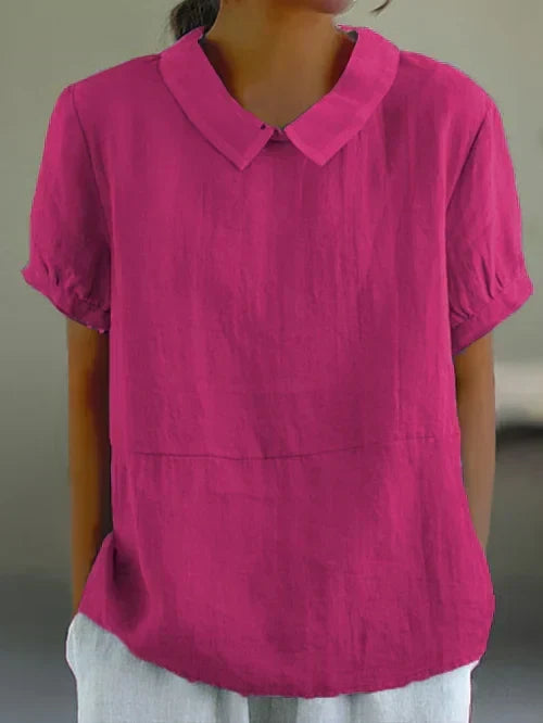 Women short sleeve blouse with open collar in soft woven fabric