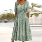 Women floral print high-waist A-line dress with V-neckline and short sleeves