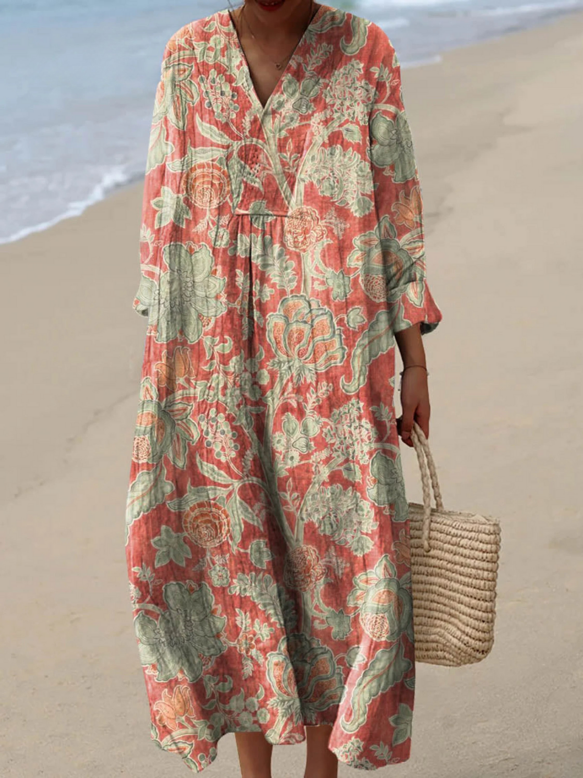 Women vintage floral print long sleeve dress flowing silhouette