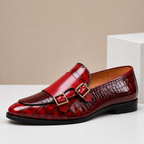 Men's leather loafers with double monk strap buckles and almond toe, crocodile-embossed finish