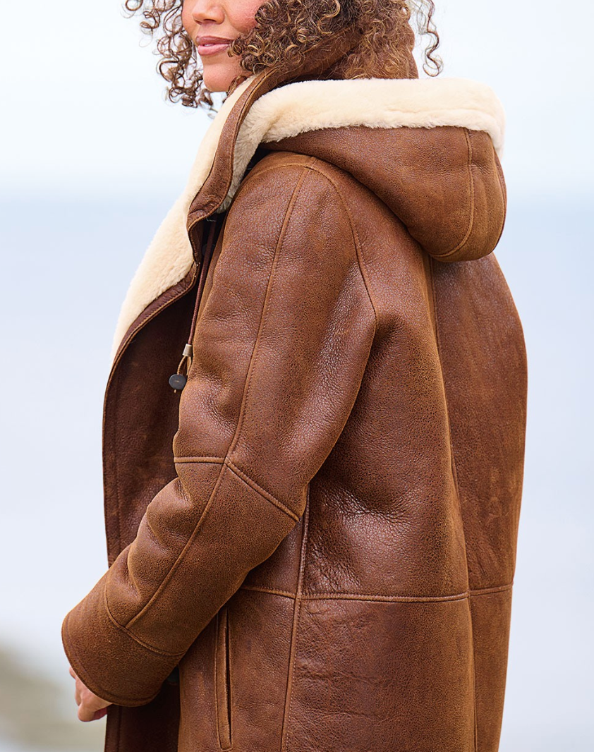 Women's hooded coat in brown, warm casual winter coat with relaxed fit