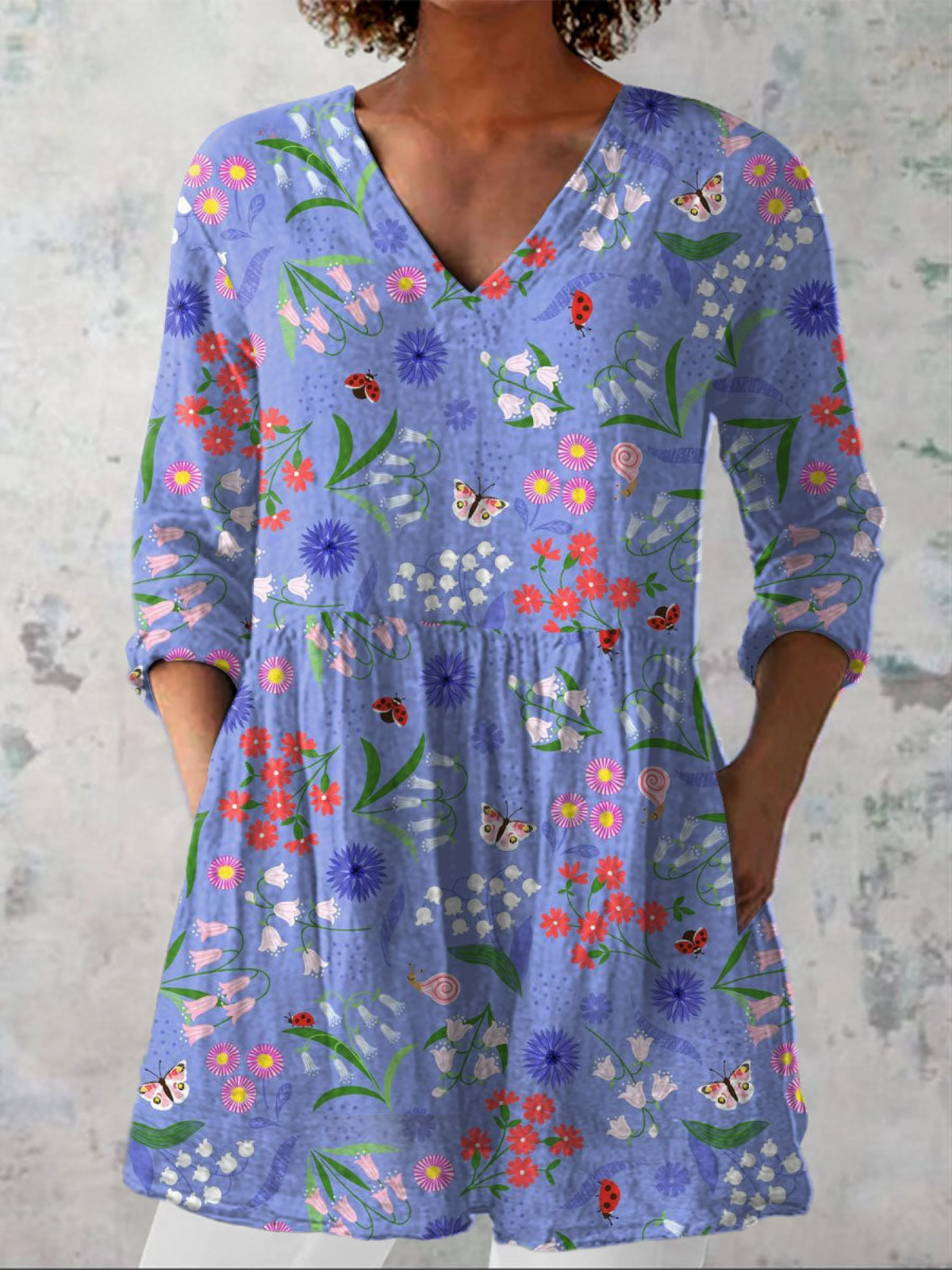 Women longline blouse V-neck loose fit bold pattern purple